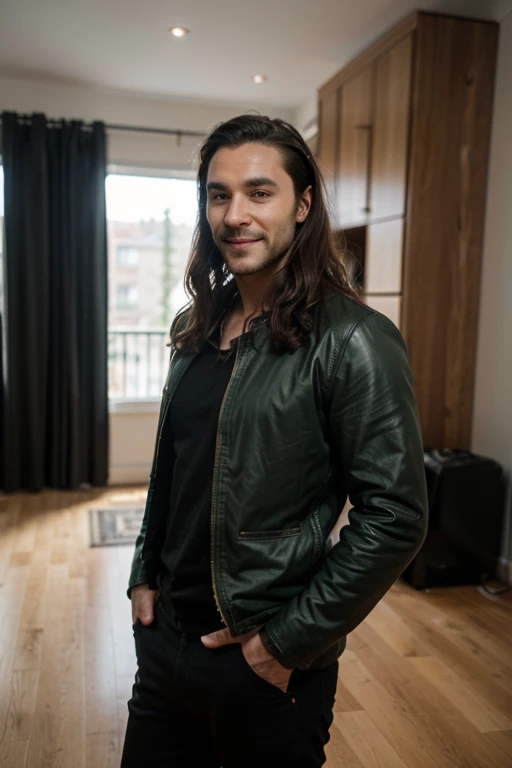 Tall 1.85 metres, English Male, 3, muscular, thin, unshaved stubble beard, olive skin, tanned, handsome green eyes, deep sight, wavy long hair, classy dressed casual badass, in black clothes smiling, he is dressed as Loki