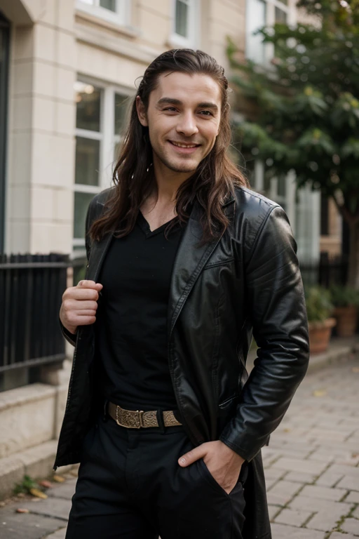 Tall 1.85 metres, English Male, 3, muscular, thin, unshaved stubble beard, olive skin, tanned, handsome green eyes, deep sight, wavy long hair, classy dressed casual badass, in black clothes smiling, he is dressed as Loki