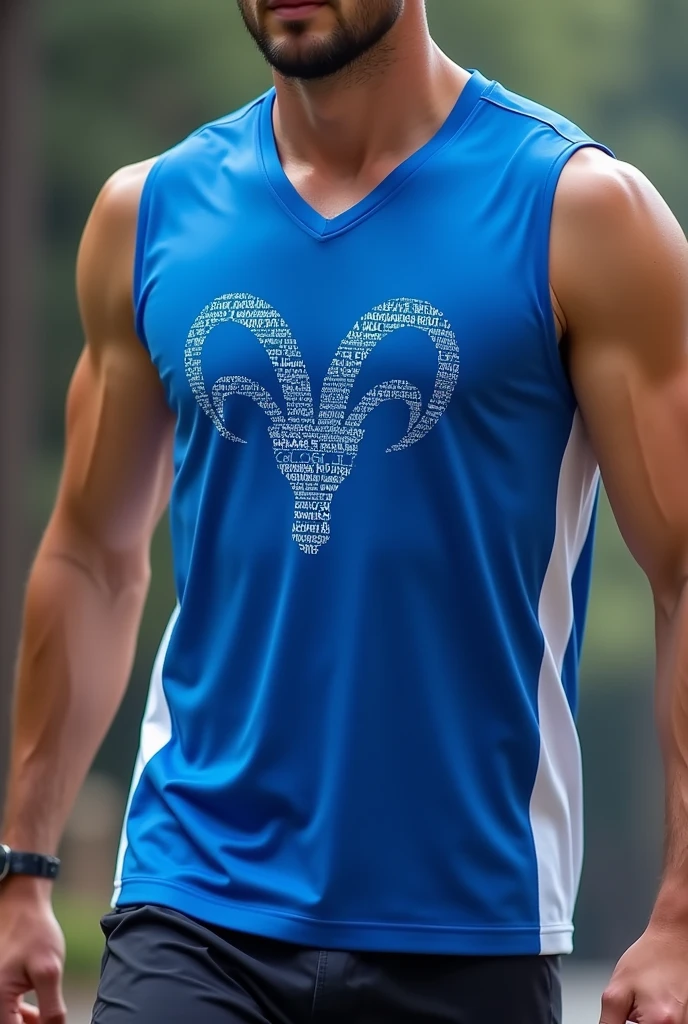 17:39:01 Sleeveless V-neck running t-shirt, Blue with a goat horn design  , with small letters GOAT SM SPORT in blue in the center part , on the sides white for men
