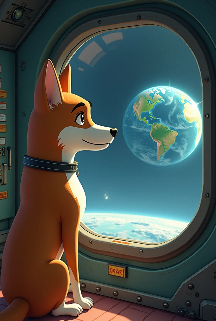 I want an animated image where the dog Laika is looking at the earth from her spaceship
