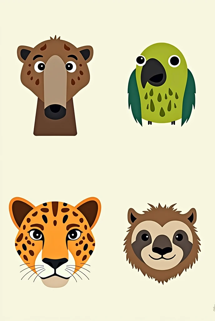 I want 4 very simple 2D colored drawings of an anteater&#39;s face, a green parrot face, a jaguar face and a sloth face. 
