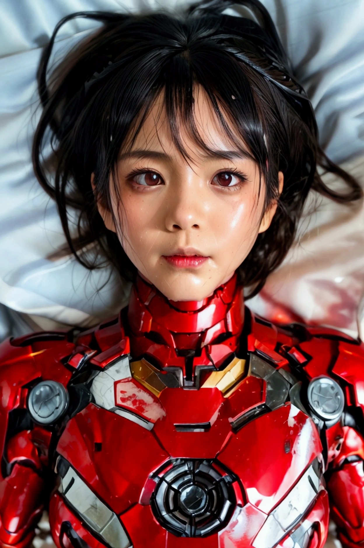 Highest quality　8k Red Iron Man Suit Girl　Japanese　Kindergarten girl　Sweaty face　Slanted Eyes　short hair　boyish　Steam coming out of my head　My hair is wet with sweat　The feel of black hair　Full body portrait　My upper body is soaked　 Airtight headgear　I can see the vagina　Lying in bed　Tie your hair up