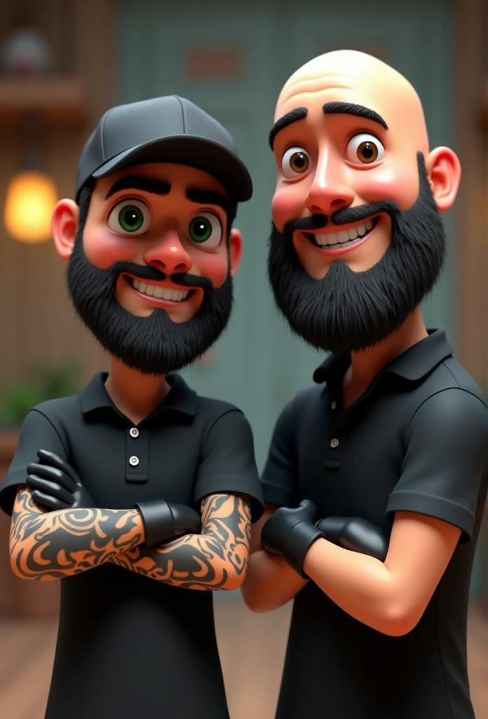 Short beard two strong cartoon characters, one of the green eyes character, medium beard, black polo shirt, Black cap, black gloves, an arm tattooed with Maori and the character two bald ,Black cap, black polo shirt, black beard, black gloves, big beard and brown eyes cartoon character, stylized character, animation style rendering, 3d stylized, Arnold Maya rendering, Stylized 3D rendering, toon render screenshot, 3d character, 3d character, Stylized 3D rendering, 3D character rendering, cartoon character, Personagem de close up, character posing, (Pixar-style) (master part:1.2) (bokeh) (best quality) (skin detailed) (detailed texture) (8k) (Argilla) (cinematic lighting) (sharp focus with 28 years of ideade, cleaning sofa