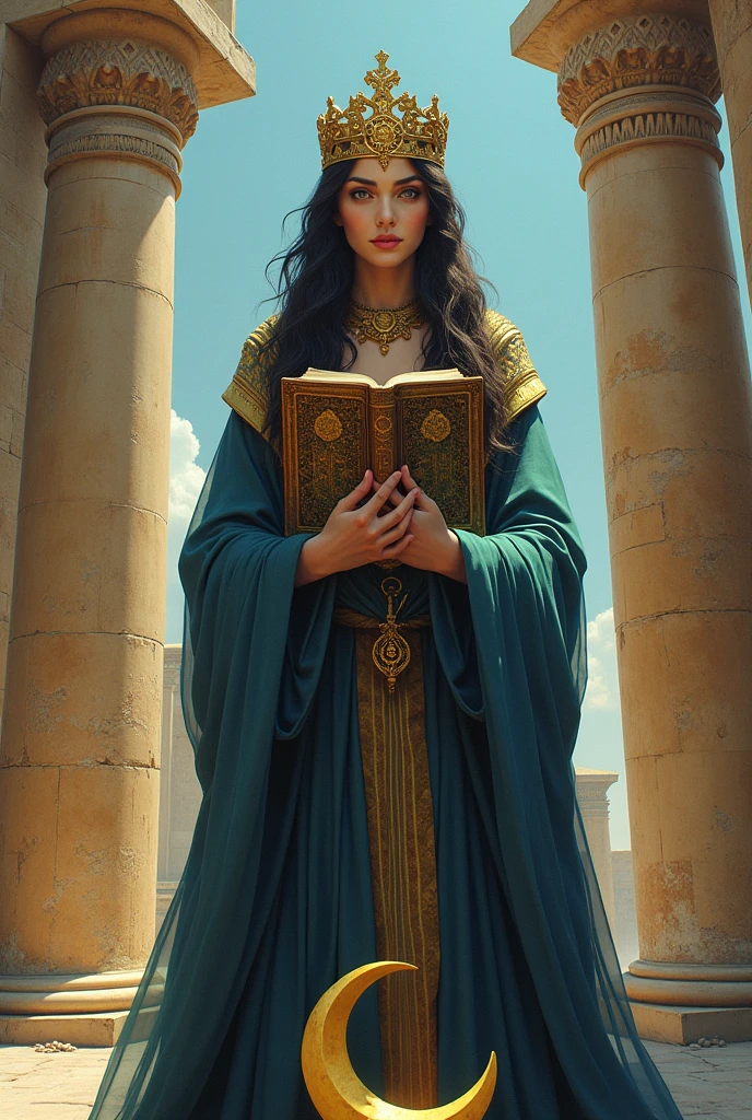 Rider Waite The High Priestess tarot card in real life
With The moon at her feet
With The TORA in her hands
With The pilars of king solomons temple by her side written Boaz and jachin 