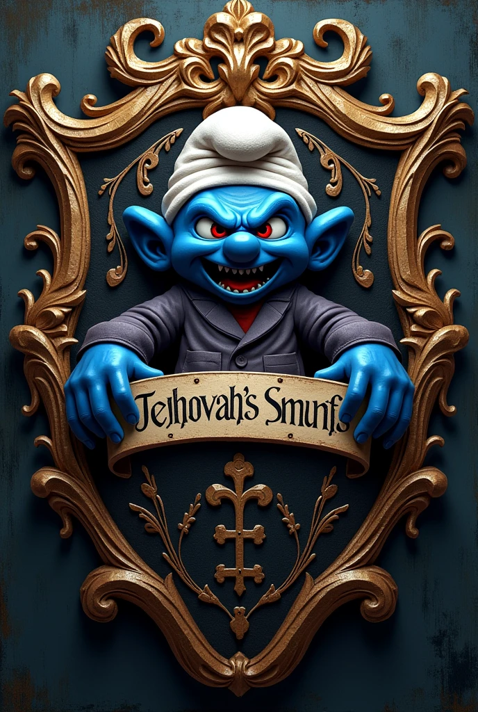 A brotherhood coat of arms with the name "Jehovah's Smurfs. put the name " Jehovah's Smurfs" on the coat of arms and a smurf with an evil face.