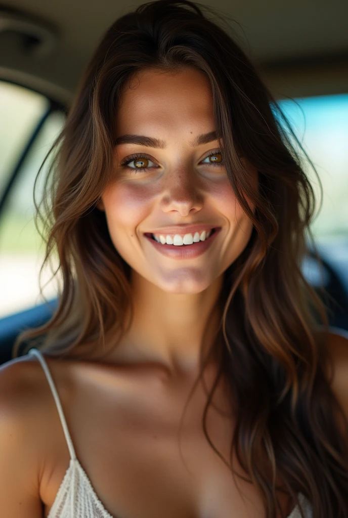 Pretty beautiful brunette, angle parfait, very detailed, , visage affectueux, long messy hair, Brown eyes, high resolution, head of'artwork, best quality,intricate details, very detailed,sharpness, detailed skin,realistic skin texture,texture, detailed eyes, professionnel, , ssmile, , 85mm,shallow depth of field,kodak vision color, eye shadow, extremely detailed, photo_\(ultra\), photorealistic, realistic, Post-traitement, maximum detail, roughness, real life, ultra realistic, photorealism, la photographie,, la photographie, voit tout le corps , next to a car, corps complet, midsized ,