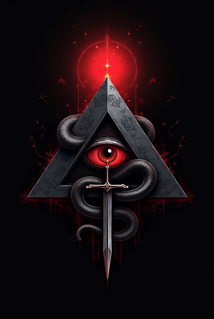 Logo, a pyramid with an eye in the center and a snake coiled around it, sword piercing the pyramid, use black and red colors
