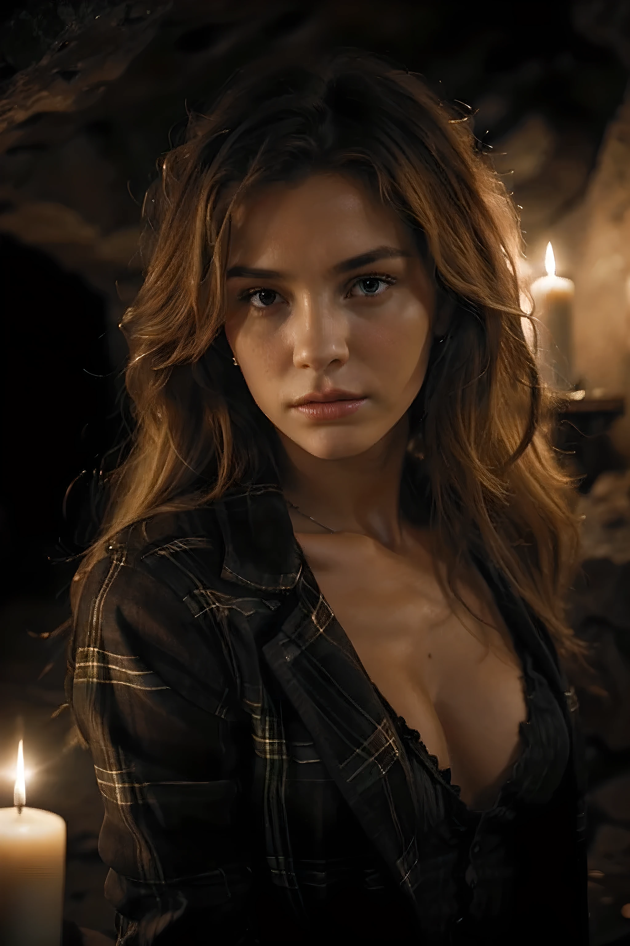 photograph of a woman, (Concerned expression on face), textured leather, goosebumps, Blonde with afro hair, plaid flannel shirt with distressed boyfriend jeans, cowboy shot, a dark and mysterious cave with unique rock formations and hidden wonders, Perfect eyes, (by candlelight,chiaroscuro), Holder for 160 flowers, filmed on ARRI ALEXA 65, hips, sharp focus on the subject, shot by Don McCullin