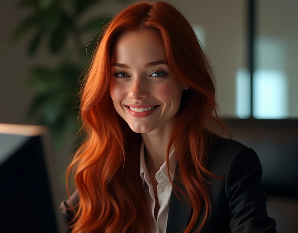 a beautiful girl with long red hair, detailed eyes, nose, and lips, wearing professional attire, smiling, sitting in his office, using your computer, hp computer (Best Quality,4k,8k,High resolution,masterpiece:1.2),ultra detailed,(realist,photorealist,photo-realist:1.37),HdR,studio lighting,extremely detailed face and body., portrait,cinematic lighting,dramatic lighting,warm color tones,dramatic colors