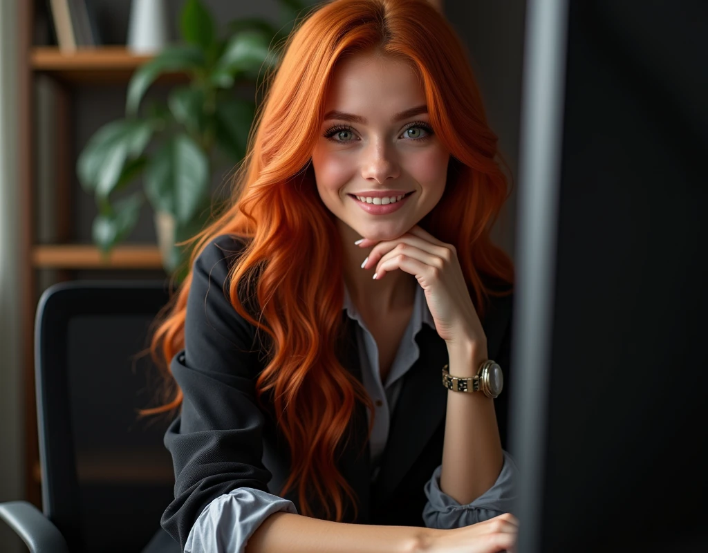 a beautiful girl with long red hair, detailed eyes, nose, and lips, wearing professional attire, smiling, sitting in his office, using your computer, hp computer (Best Quality,4k,8k,High resolution,masterpiece:1.2),ultra detailed,(realist,photorealist,photo-realist:1.37),HdR,studio lighting,extremely detailed face and body., portrait,cinematic lighting,dramatic lighting,warm color tones,dramatic colors