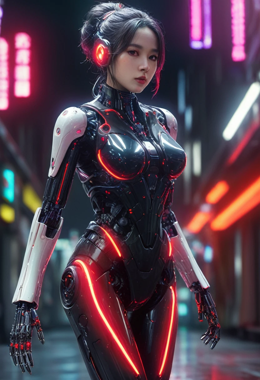 xxmixgirl. Highly detailed professional 35mm film, bokeh, face in sharp focus. A robotic female, Miku, with ((metal skin)), ((perfect Asian eyes)) with magenta irises and ((black pupils)), beautiful serious (detailed face), 18 year old ((photorealistic face)), very long magenta twin tails of magenta hair, twin black hair ties with a single red stripe. She may have a black audio headpiece. We can see her ((full body)) down to her boot soles. Her outfit is a sleeveless collared light grey shirt, outlined in red around the frilled collar and hems. Shiny reflective ((metallic breast cups, dimpleless)), invisible nipples. She wears black sleeves with red hems that start around her upper arm and bellow out as the sleeves open and extend to her wrists, with wide trumpet red rimmed cuffs. She has perfect robotic (detailed hands). She wears a red colored tie with two horizontal solid parallel black lines halfway across. She wears a fabric black skirt with a horizontal red hem at the bottom all the way around; her (((black skirt wraps around her))) and ((her skirt completely covers)) her robotic waist and thighs. Tall black boots with red bottom soles, a red rim around the top at her thighs. Her mechanical shoulder joints are visible. We can see her robotic legs and robotic neck. Half of her is covered with shiny polished machinery. The background is a distant dark neon futuristic Japanese city, gold, cyan, violet neon, near harbor or mountains.