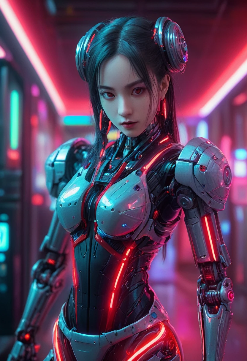 xxmixgirl. Highly detailed professional 35mm film, bokeh, face in sharp focus. A robotic female, Miku, with ((metal skin)), ((perfect Asian eyes)) with magenta irises and ((black pupils)), beautiful serious (detailed face), 18 year old ((photorealistic face)), very long magenta twin tails of magenta hair, twin black hair ties with a single red stripe. She may have a black audio headpiece. We can see her ((full body)) down to her boot soles. Her outfit is a sleeveless collared light grey shirt, outlined in red around the frilled collar and hems. Shiny reflective ((metallic breast cups, dimpleless)), invisible nipples. She wears black sleeves with red hems that start around her upper arm and bellow out as the sleeves open and extend to her wrists, with wide trumpet red rimmed cuffs. She has perfect robotic (detailed hands). She wears a red colored tie with two horizontal solid parallel black lines halfway across. She wears a fabric black skirt with a horizontal red hem at the bottom all the way around; her (((black skirt wraps around her))) and ((her skirt completely covers)) her robotic waist and thighs. Tall black boots with red bottom soles, a red rim around the top at her thighs. Her mechanical shoulder joints are visible. We can see her robotic legs and robotic neck. Half of her is covered with shiny polished machinery. The background is a distant dark neon futuristic Japanese city, gold, cyan, violet neon, near harbor or mountains.