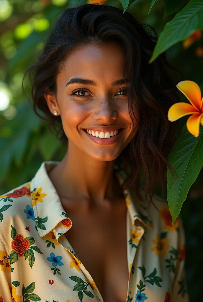 A Brazilian woman in a lush tropical garden, wearing an open shirt with a floral print, with a close-up capturing the harmonious beauty between her breasts and the natural flowers, showing off your natural charm and outgoing personality.