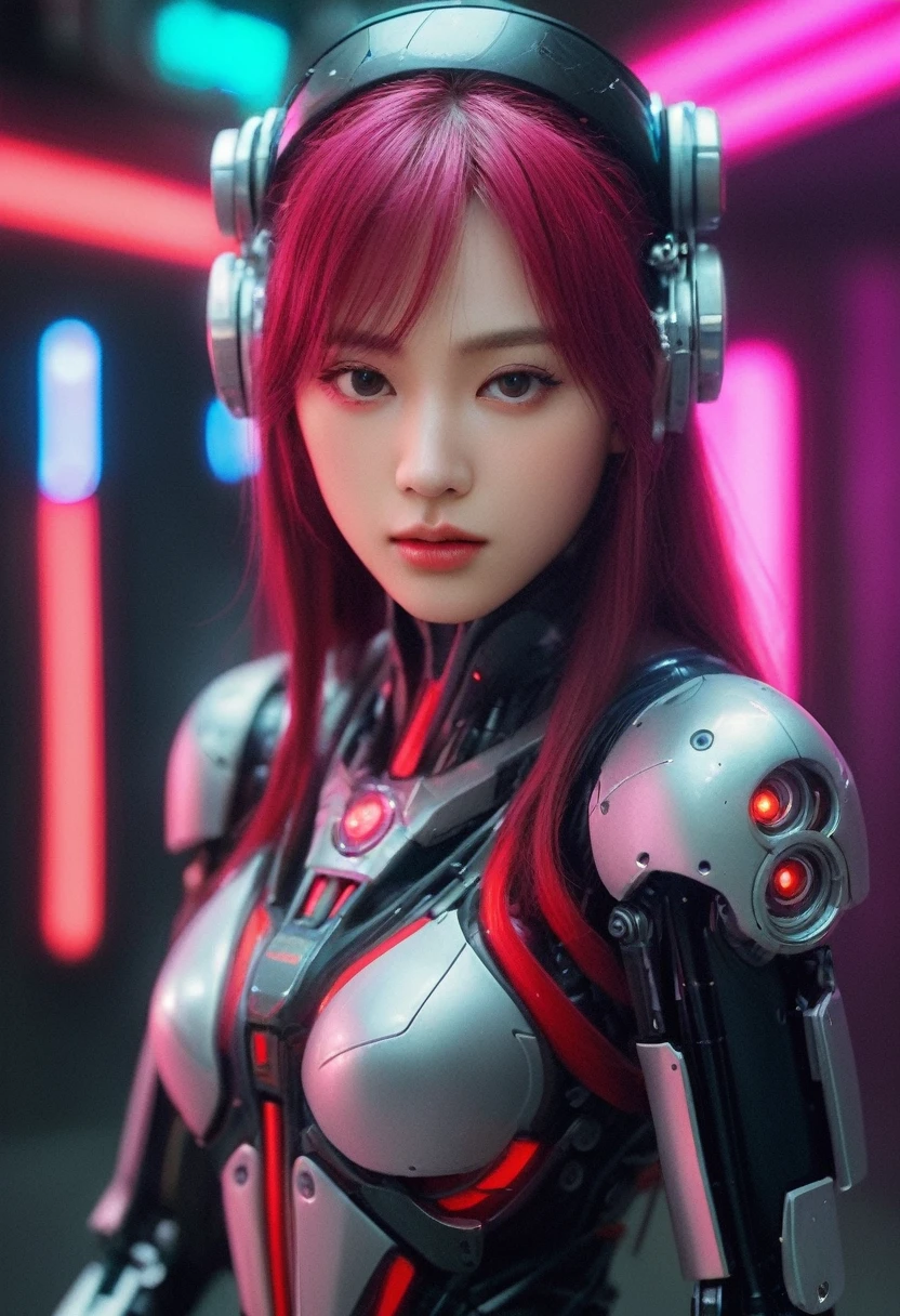 xxmixgirl. Highly detailed professional 35mm film, bokeh, face in sharp focus. A robotic female, Miku, with ((metal skin)), ((perfect Asian eyes)) with magenta irises and ((black pupils)), beautiful serious (detailed face), 18 year old ((photorealistic face)), very long magenta twin tails of magenta hair, twin black hair ties with a single red stripe. She may have a black audio headpiece. We can see her ((full body)) down to her boot soles. Her outfit is a sleeveless collared light grey shirt, outlined in red around the frilled collar and hems. Shiny reflective ((metallic breast cups, dimpleless)), invisible nipples. She wears black sleeves with red hems that start around her upper arm and bellow out as the sleeves open and extend to her wrists, with wide trumpet red rimmed cuffs. She has perfect robotic (detailed hands). She wears a red colored tie with two horizontal solid parallel black lines halfway across. She wears a fabric black skirt with a horizontal red hem at the bottom all the way around; her (((black skirt wraps around her))) and ((her skirt completely covers)) her robotic waist and thighs. Tall black boots with red bottom soles, a red rim around the top at her thighs. Her mechanical shoulder joints are visible. We can see her robotic legs and robotic neck. Half of her is covered with shiny polished machinery. The background is a distant dark neon futuristic Japanese city, gold, cyan, violet neon, near harbor or mountains.