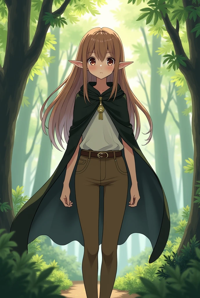 Sweet Elf woman with brown hair, brown pants and white tunica in the forest. Young woman. Black cape. elf ears. Anime style
