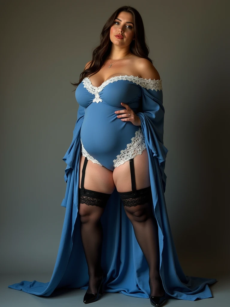 woman in blue dress, spread legs, detailed white lace panty, black long stockings with garter, gigantic breasts