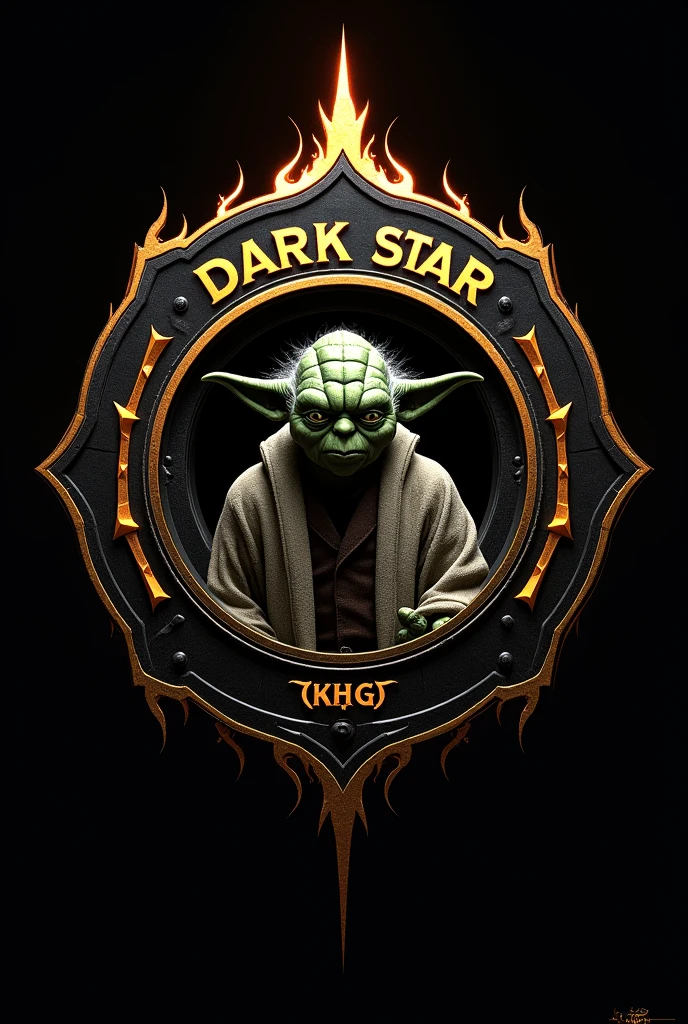 "Create a round emblem with 'Dark Star' above, 'DKS' below, and 'Interno 1ª Divisão DKS' in the center. Include Yoda within the shield. Use black and gold colors with fiery details along the edges."
