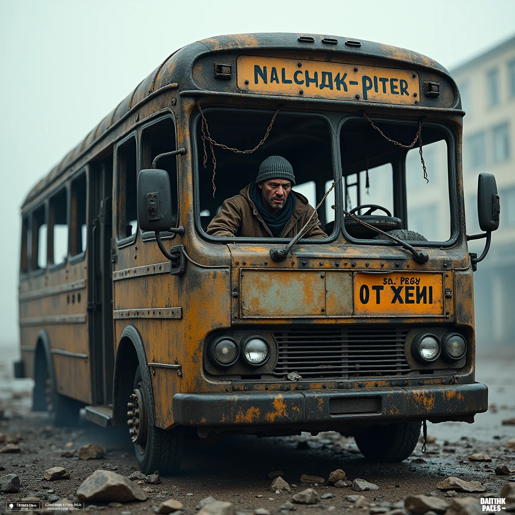 Burnt bus with a sign "Nalchik-Piter" and with a beaten driver in a skullcap inside