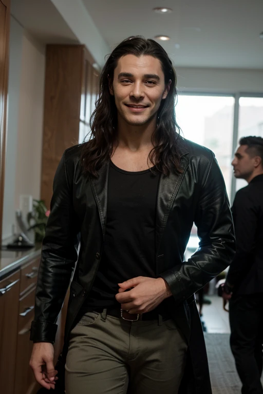 Tall 1.85 metres, English Male, 3, muscular, thin, unshaved stubble beard, olive skin, tanned, handsome green eyes, deep sight, wavy long hair, classy dressed casual badass, in black clothes smiling, he is dressed as Loki costume