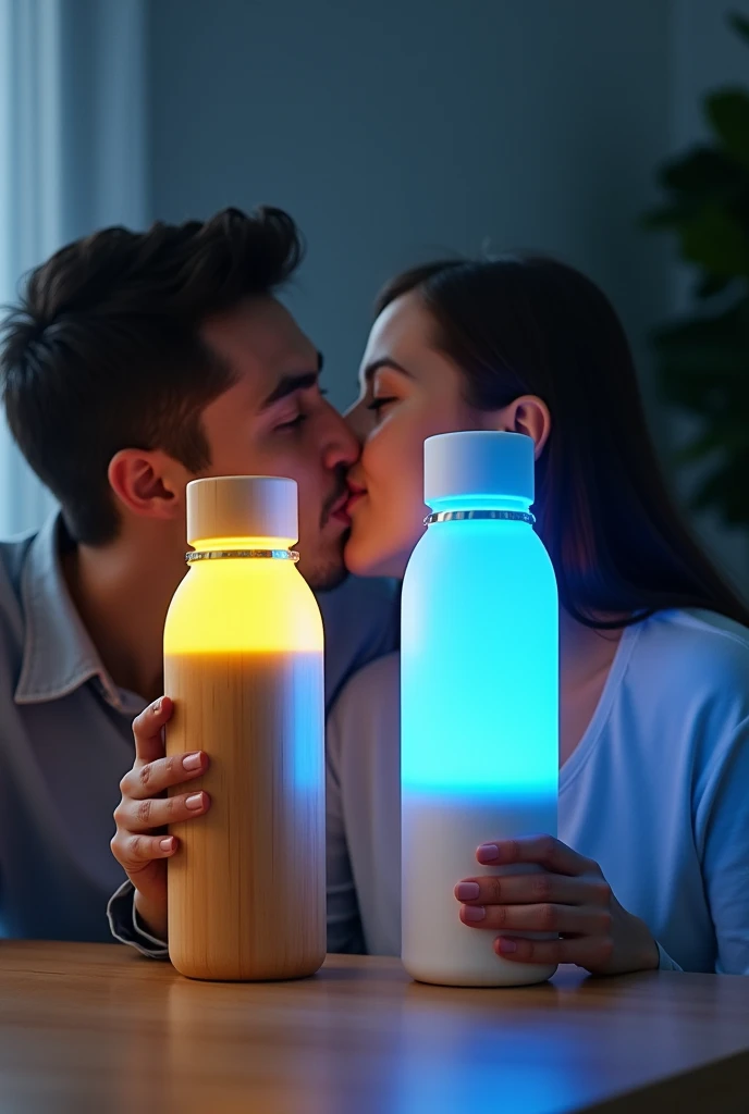 Create a banner with a bottle with LED on its lid with simple lighting, yellow for when the water is hot and blue for when it is cold and in the middle of the bottle there is a temperature indicator, the bottle needs to be coated with the coloring of a bamboo, with a person drinking it while it is glowing the respective colors of the water.
