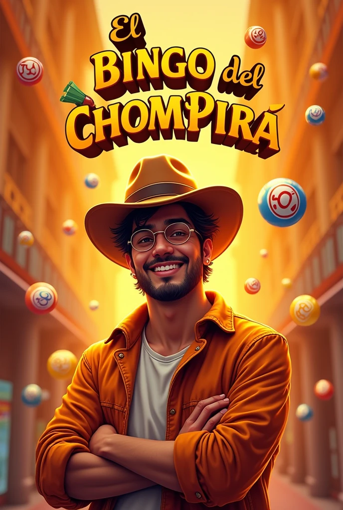 I need an Instagram post promoting a virtual bingo called “El bingo del Chompira” with orange colors, yellow and brown and the owner of the bingo is a young man with a cap