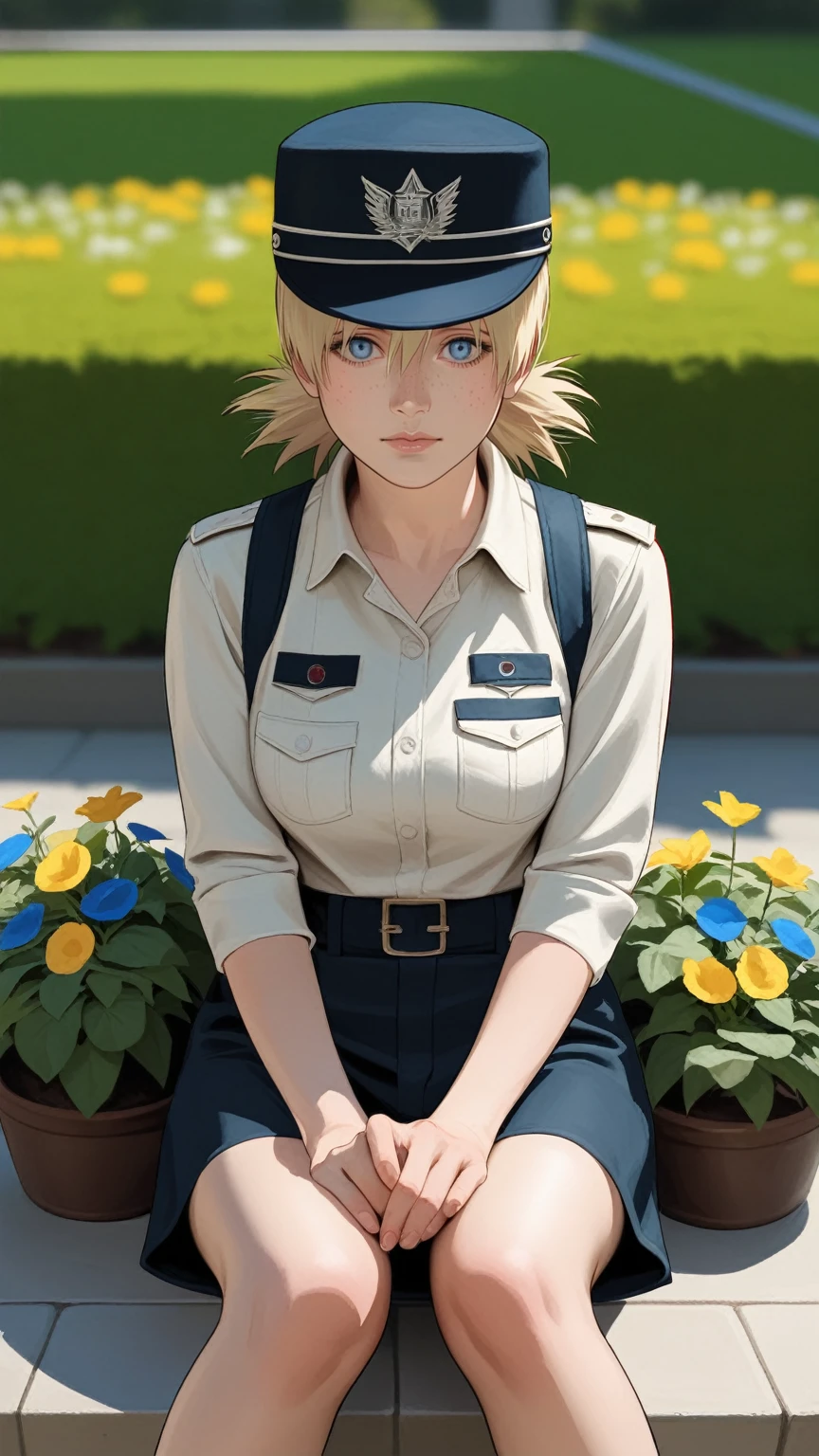 score_9, score_8_up, score_7_up, BREAK, rating_safe, zy_mirabel, 1girl, hat, flower, blonde hair, freckles, hat flower, large breasts, blue eyes, sit, garden, realistic, photo, real hair, detailed skin, highly detailed, detailed skin, depth of field, film grain,animation, ikuchan, hellsing