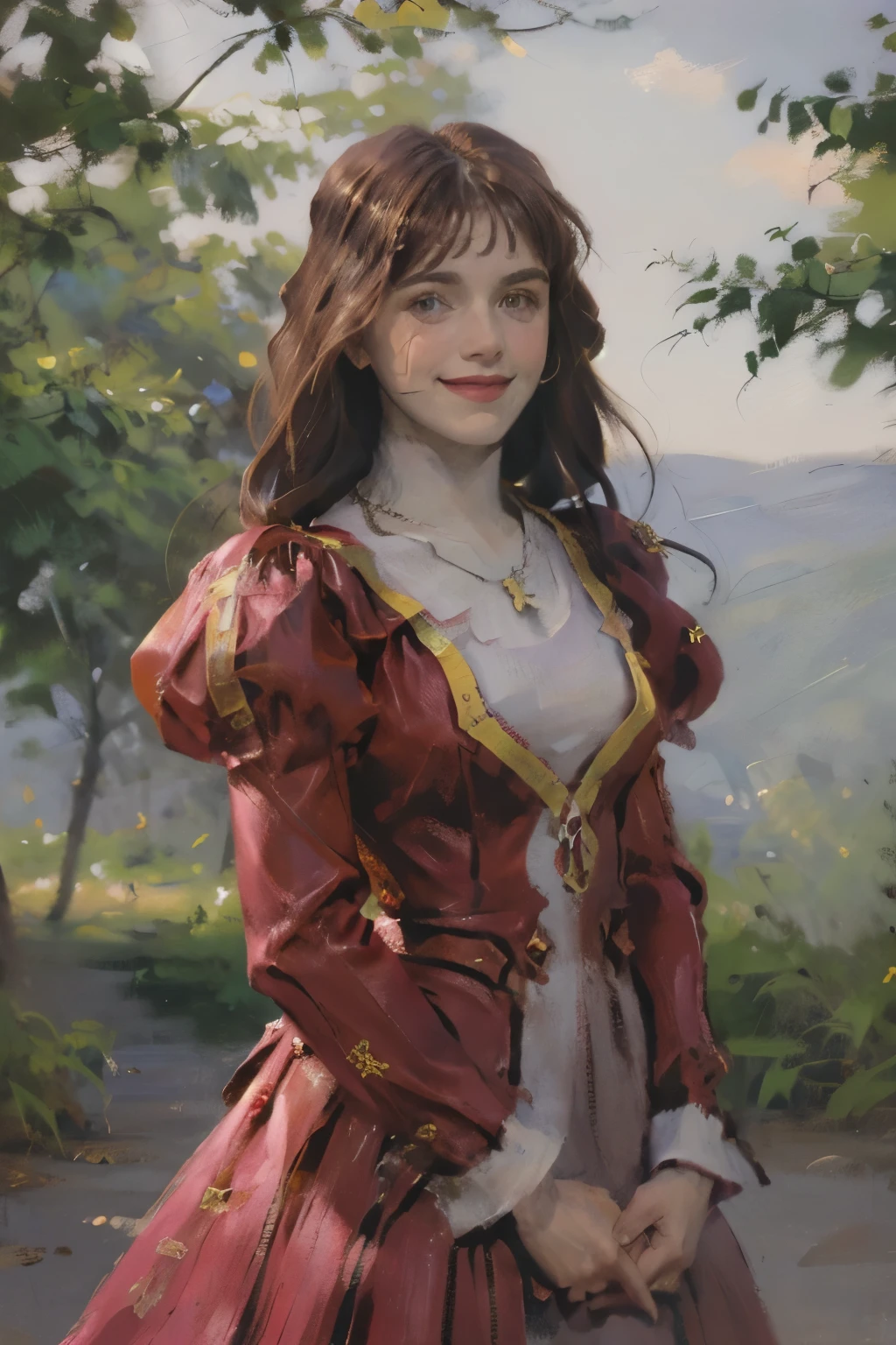 (artwork, best quality:1.2), ultra-detailed, beautiful face, Alone, 1 girl, Erica Fontaine, European, European girl, Dark red hair, Brown eyes, smile, Looking at the viewer, arms behind back, long hair tied up, red dress, cross, long sleeves, juliet sleeves, jewel, cross necklace