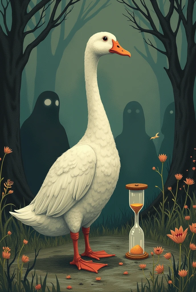 Make a picture with the drawing style of the book The Duck and Death, The picture must have 20 different things belonging to the book