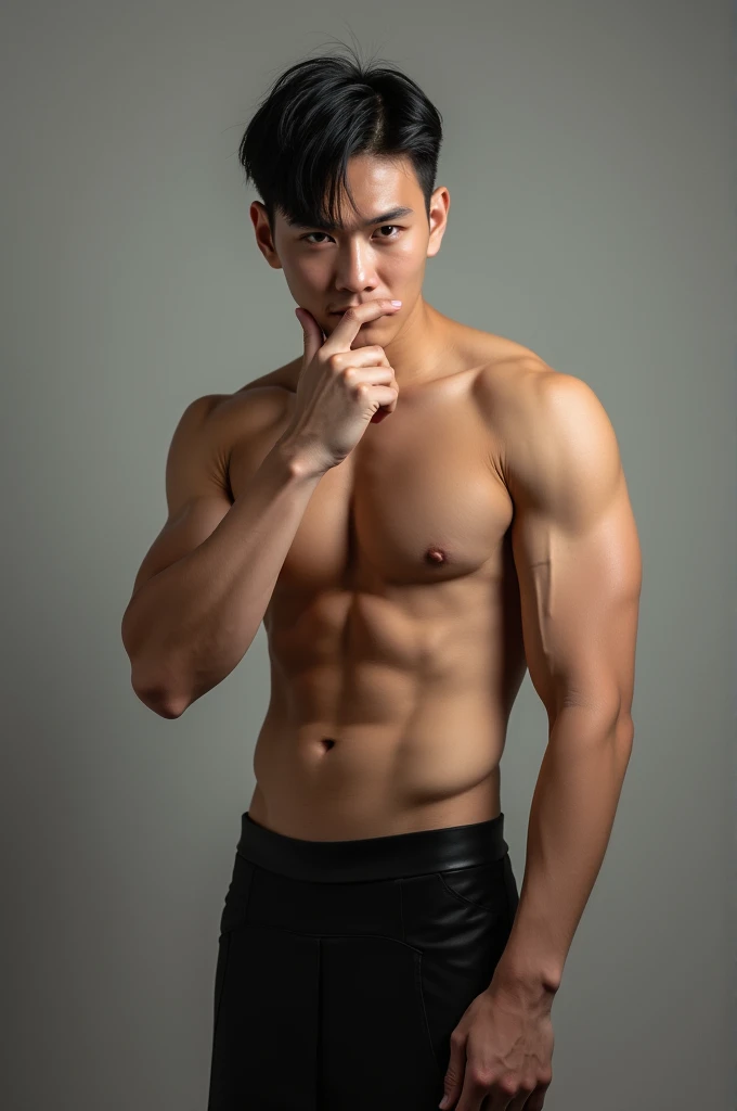 A young Asian man 2, sexly. Usando uma saia sexly feminina, without camisa showing his toned body with her hand on her mouth