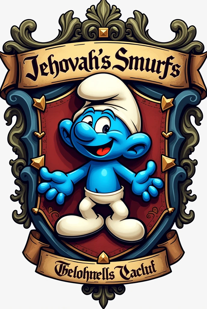 A brotherhood coat of arms with the name "Jehovah&#39;s Smurfs. put the name " Jehovah&#39;s Smurfs" on the coat of arms and a smurf.