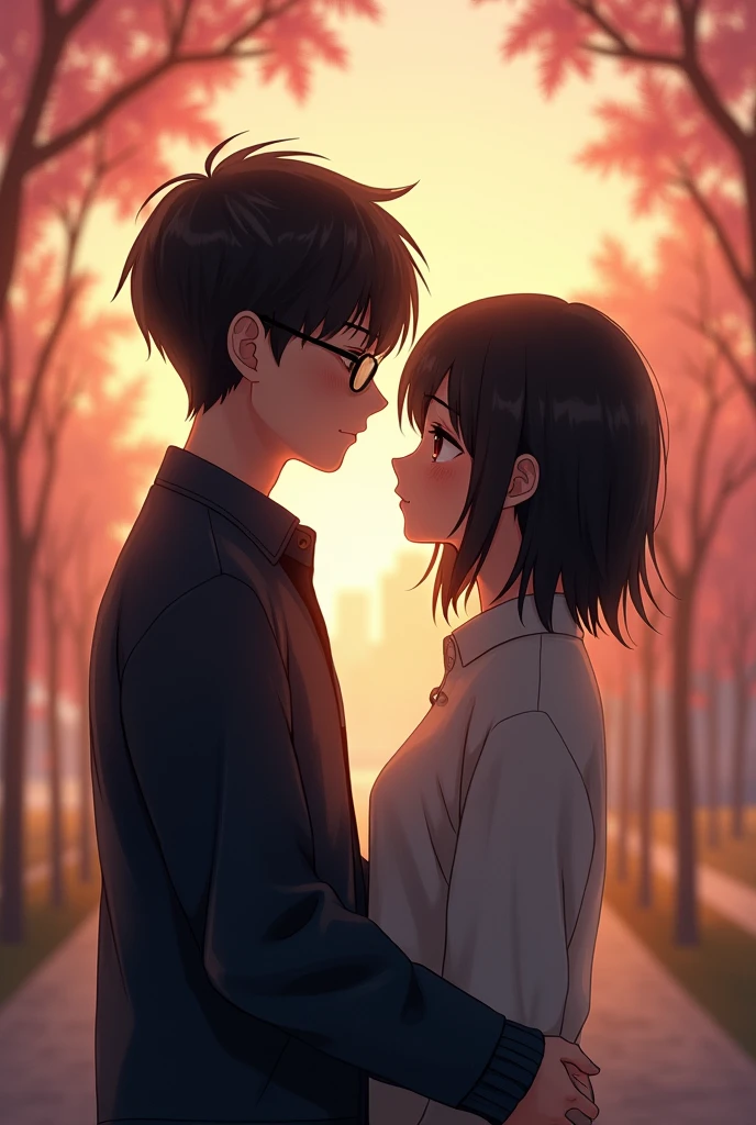 a couple, A boy with black hair, black eyes and glasses and the girl with shoulder-length black hair, with brown eyes , that they have their backs, Realistic style