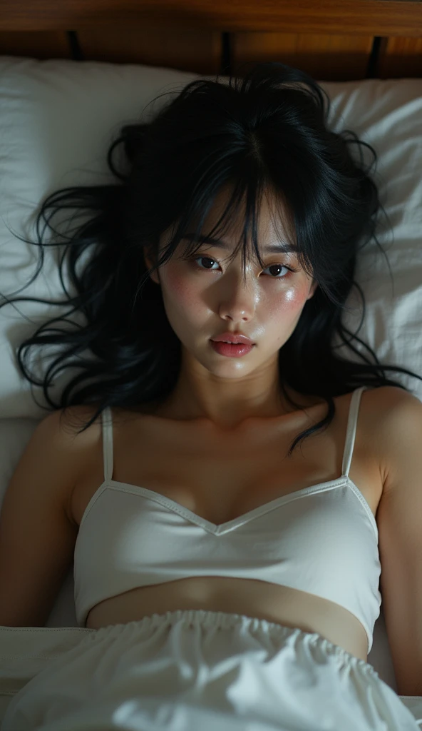 (highest quality:1.2),background blur,bedroom,,(perfect beautiful face:1.2),(perfect and beautiful posture:1.2),(Solo, young naked Japanese girl lying on the bed,she is a naked and no humanrights),(confused:1.3,embarrassed), shyness:1.1,((flat chest:1.3)), black hair,(Sweaty, sunburned skin),((scared expression,constricted pupils:1.3,tears)),arms Down,arms banned,(cum on hair,:1.3),a macho black man erect penis besides her:1.3
