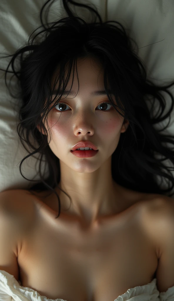 (highest quality:1.2),background blur,bedroom,,(perfect beautiful face:1.2),(perfect and beautiful posture:1.2),(Solo, young naked Japanese girl lying on the bed,she is a naked  and no humanrights),(confused:1.3,embarrassed), shyness:1.1,((flat chest:1.3)), black hair,(Sweaty, sunburned skin),((scared expression,constricted pupils:1.3,tears)),arms Down,arms banned,(cum on hair,:1.3),a macho black man erect penis besides her:1.3