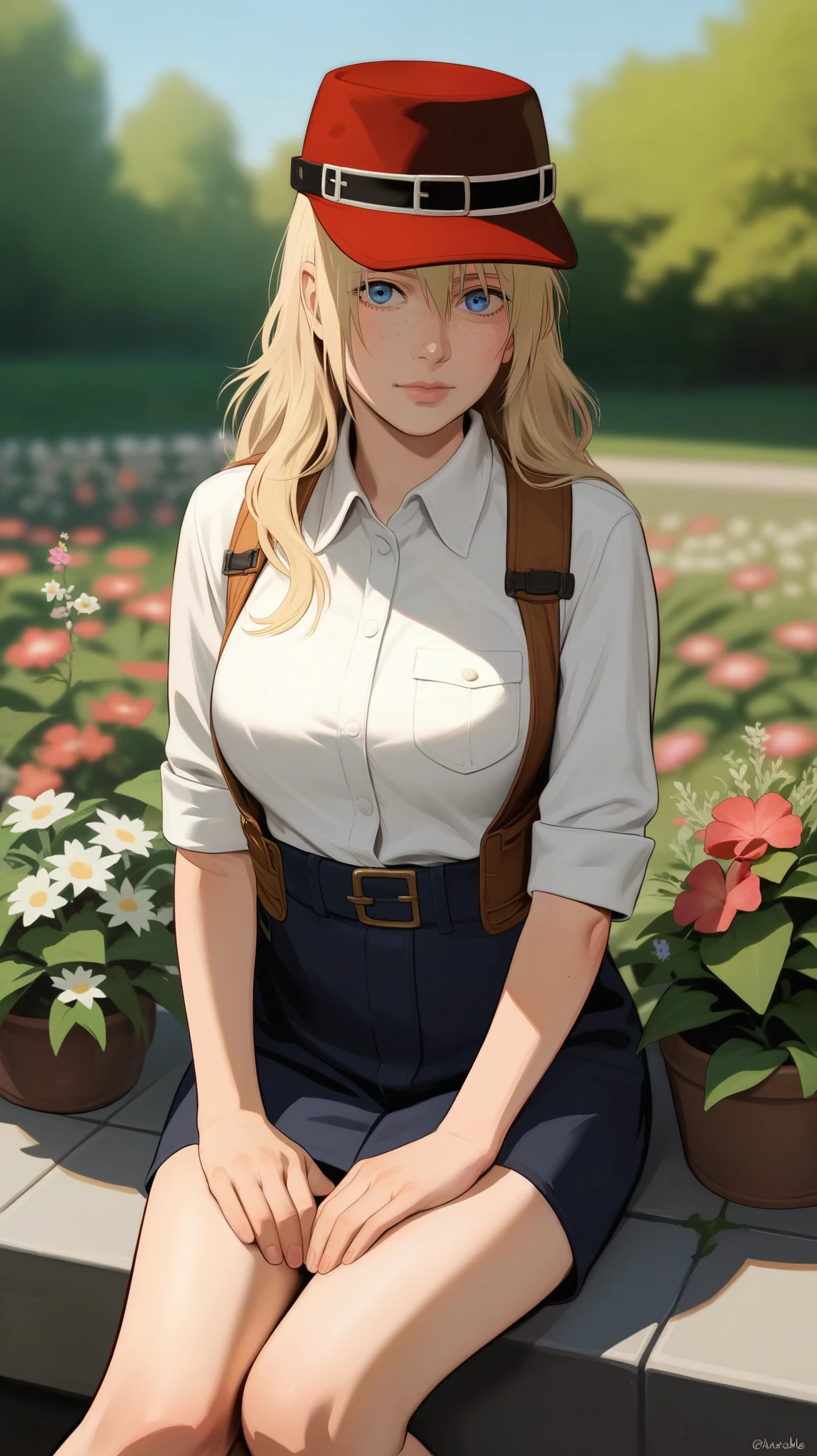 score_9, score_8_up, score_7_up, BREAK, rating_safe, zy_mirabel, 1girl, long hair, hat, flower, blonde hair, freckles, hat flower, large breasts, blue eyes, sit, garden, realistic, photo, real hair, detailed skin, highly detailed, detailed skin, depth of field, film grain,animation, ikuchan, hellsing 