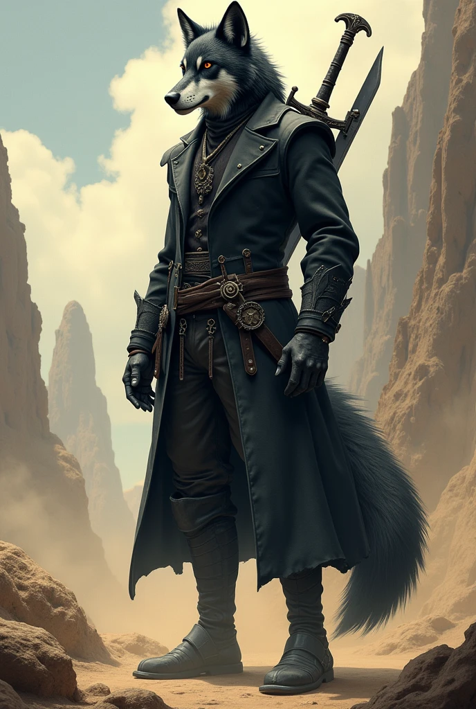 He is a tall indigenous man, 2 meters tall, with a square face and short dark hair and a beardless face with a smooth beard. His eyes are wolf-like and one of them is closed with pointy ears with earrings. He wears a dark black overcoat with a white shirt underneath in the style of formal wear and has a strong physique but is half wolf from the hips down being wolf and with a wolf's tail. A large sword is strapped to his back. I would like the art in a fantasy RPG style. In the Old West