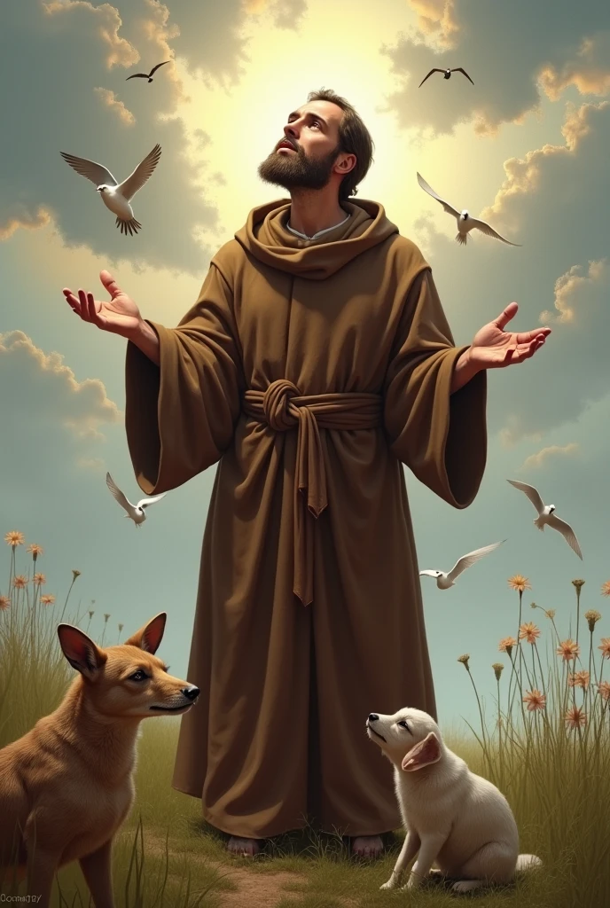 Saint Francis of Assisi is standing, smiling and looking at the sky with an expression of peace and spirituality. He wears a simple brown monk's habit., and in his open hands are the wounds (Stigmata), representing his deep connection with the suffering of Christ. Around San Francisco, There are elements of nature, like birds flying and small animals by their side, symbolizing his love for creation. The scene is illuminated by a soft light, reflecting the humility and holiness of Saint Francis, with the serene sky above."