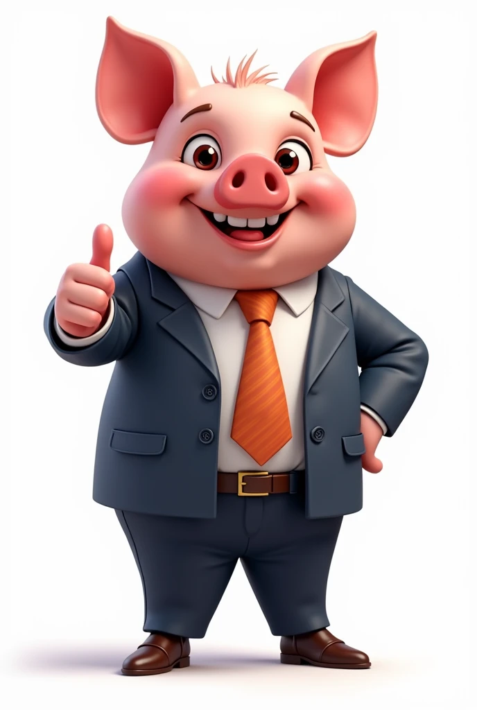 em 2d, draw a friendly male pig in a suit and tie giving a thumbs up, with white background and no shadows