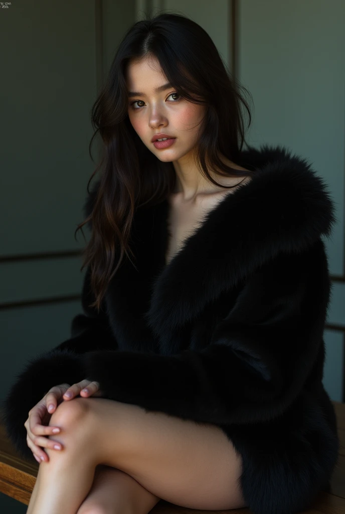 young woman, black fur coat, naked body underneath, sitting on table, close up shot
