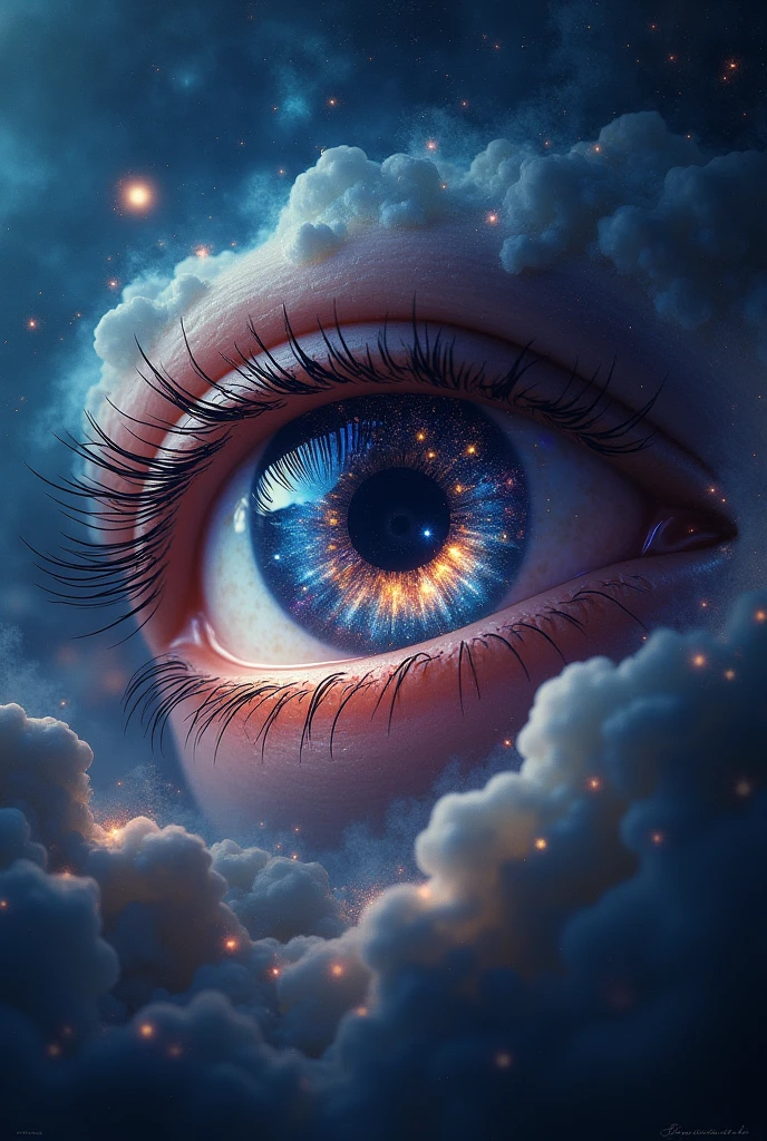 An eye with a universe background