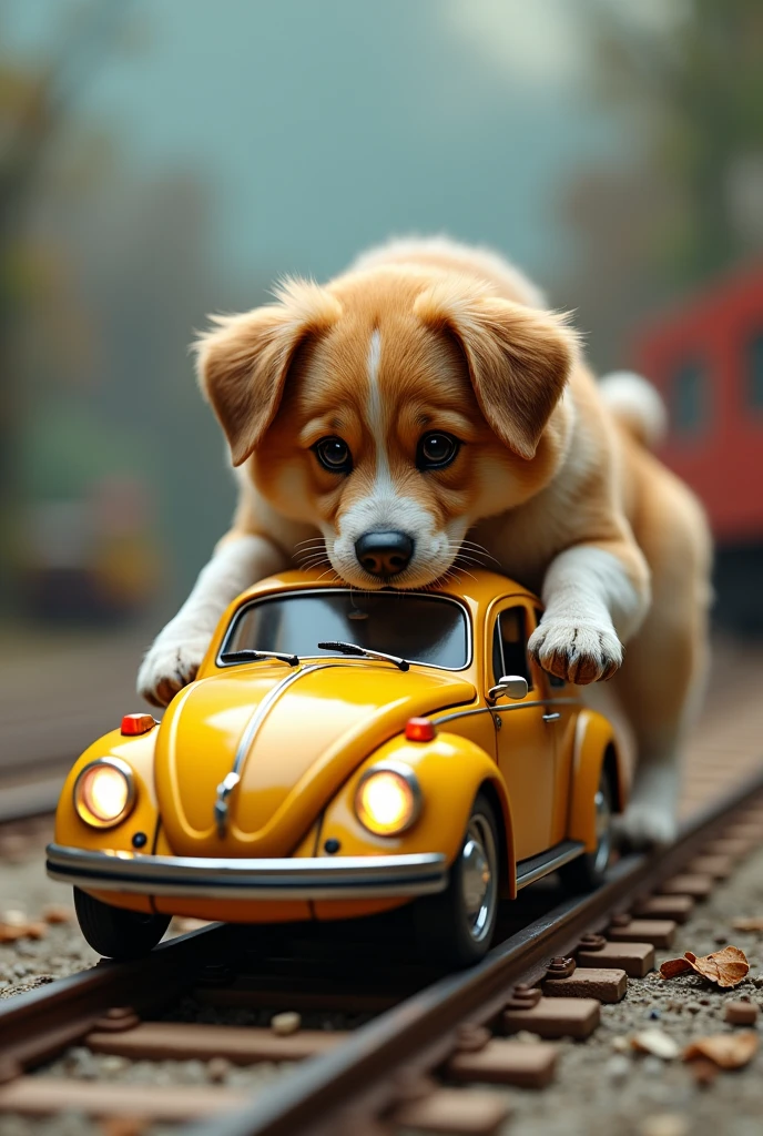 a miniature detailed 1970 volkswagen beetle car, detailed turn on lighting, on a toy track, (a giant friendly realistic dog playing with the tiny car), ((highly detailed, photorealistic)), 4k, 8k, masterpiece, hyperrealistic, ultra-detailed, physically-based rendering, vivid colors, studio lighting, sharp focus, professional