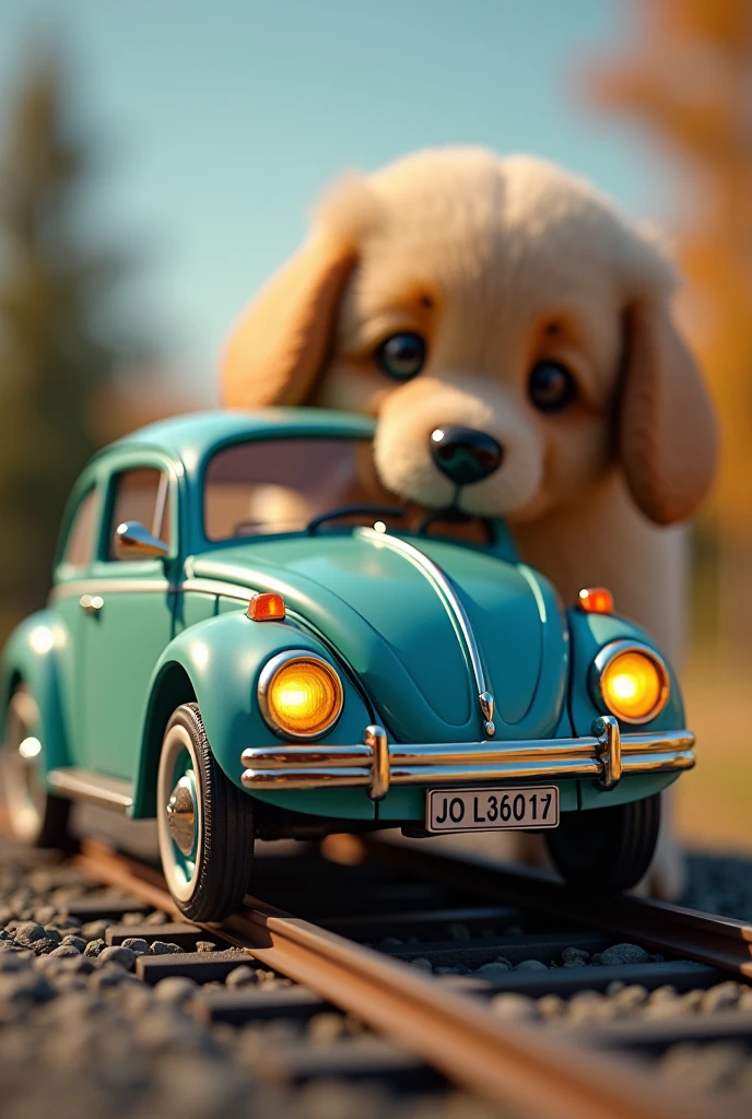 a miniature detailed 1970 volkswagen beetle car, detailed turn on lighting, on a toy track, (a giant friendly realistic dog playing with the tiny car), ((highly detailed, photorealistic)), 4k, 8k, masterpiece, hyperrealistic, ultra-detailed, physically-based rendering, vivid colors, studio lighting, sharp focus, professional