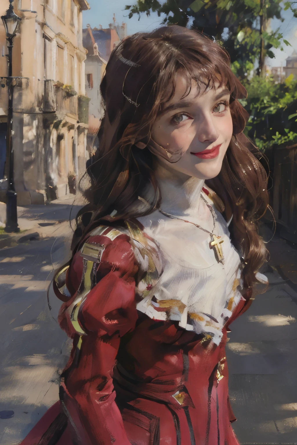 (artwork, best quality:1.2), ultra-detailed, beautiful face, Alone, 1 girl, Erica Fontaine, European, European girl, Dark red hair, Brown eyes, smile, Looking at the viewer, arms behind back, long hair tied up, red dress, cross, long sleeves, juliet sleeves, jewel, cross necklace