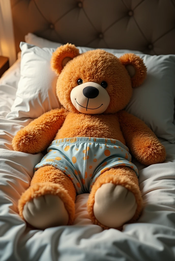 Brown big teddy bear wearing underpants while sleeps in a bed

