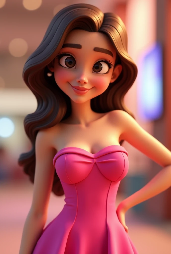 Cartoon character of a woman in a pink tube dress, chestnut hair, fair brown-skinned, animation character, stylized character, animation style rendering, 3d stylized, Arnold Maya rendering, Stylized 3D rendering, toon render screenshot, 3d character, 3d character, Stylized 3D rendering, 3D character rendering, cartoon character, Personagem de close up, character posing,  (Pixar-style) (master part:1.2) (bokeh) (best qualityer) (skin detailed) (detailed texture) (8k) (Argilla) (cinematic lighting) (sharp focus