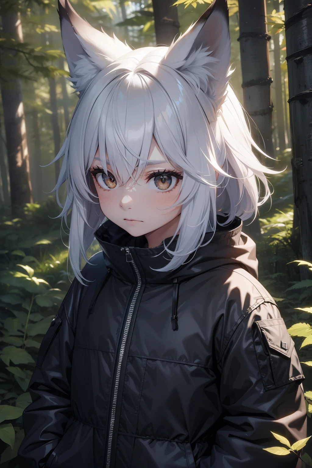 , child, wolf ears, wild, wolf skin clothes, angry, wild in the forest.