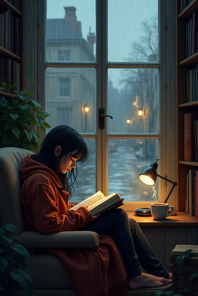 Books and coffee in the rain 