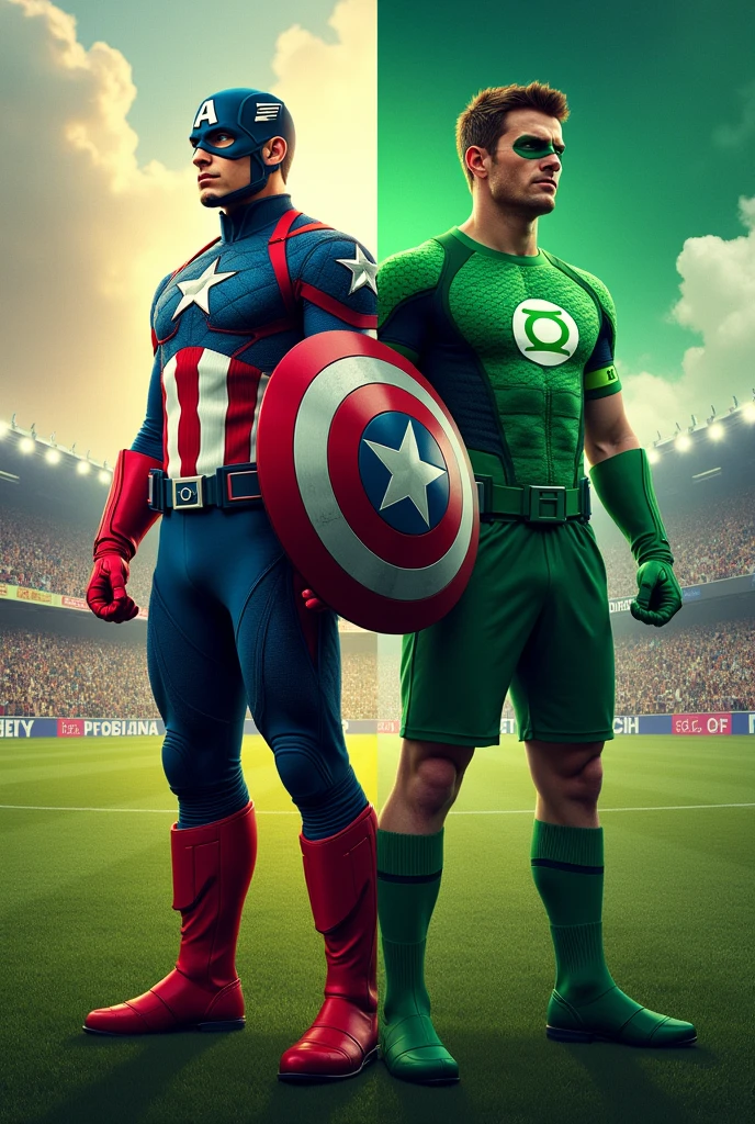 Create an image of Captain America and the Green Lantern with the Corinthians shirt 