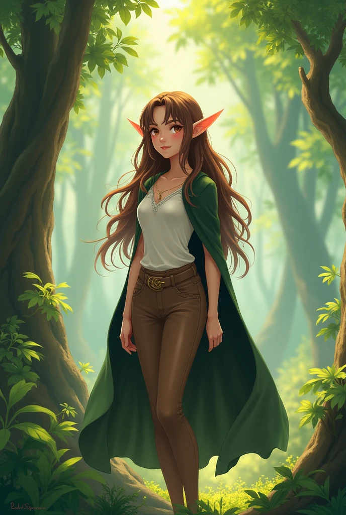 Sweet Elf woman with brown hair, brown pants and white tunica in the forest. Young woman. Black cape. elf ears. Anime realystic style