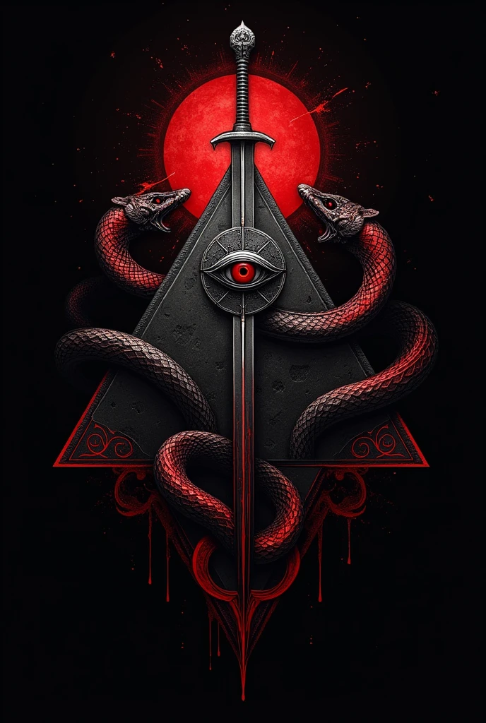 Logo, a pyramid with an eye in the center and a snake coiled around it, sword piercing the pyramid, use black and red colors