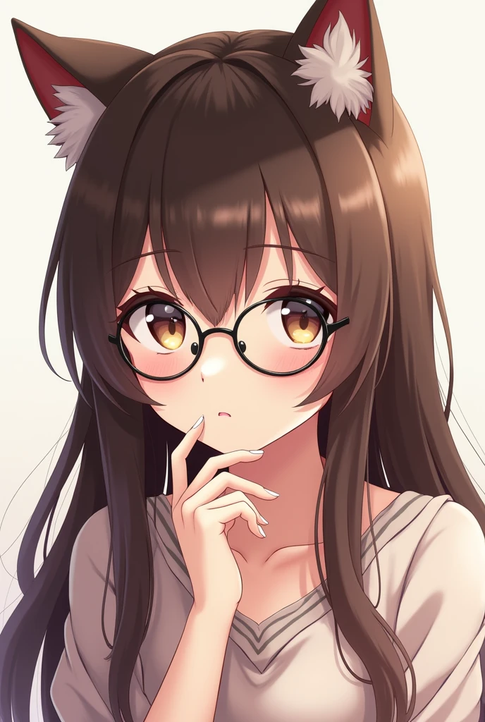 anime style girl, White skin, long brown hair with cat ears and glasses